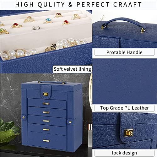 AKOZLIN 6-Tier Jewelry Box Organizer 5 Drawers Storage Blue Large - Image 4