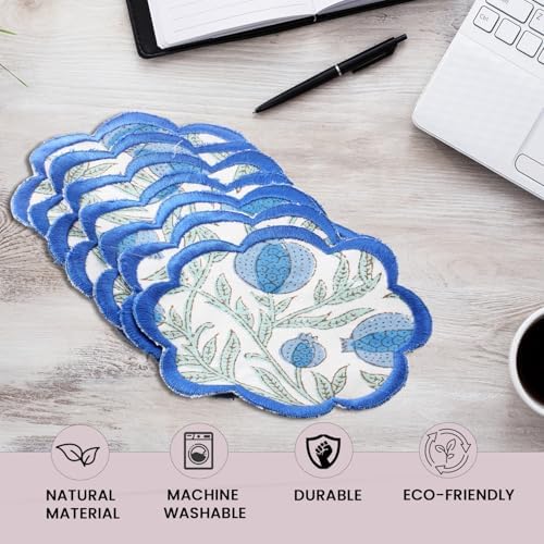 Ridhi 8-Pcs 100% Cotton Hand Block Print Drink Coasters 5" in Queen Blue - Image 4