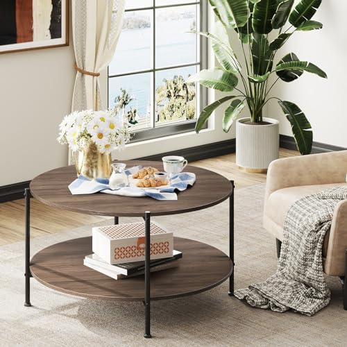 WLIVE Round Coffee Table for Living Room, 32.6" Small Coffee Table with Open Storage Shelf, 2-Tier Industrial Circle Wood Center Table for Bedroom, Home Office, Brown Walnut - Image 4