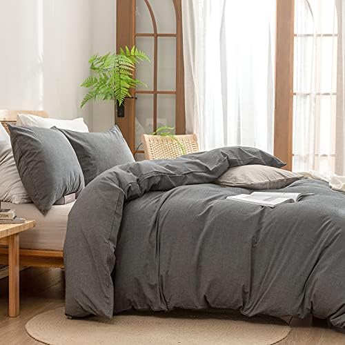 BESTOUCH Cotton Solid Duvet Cover Set Linen Feel Dark Grey Super King - Image 3