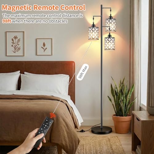 72" Dimmable Floor Lamp with Remote & Timer, Industrial Farmhouse Rustic Standing Lamp for Living Room Bedroom, 3 Individually Controlled Heads, 2 Height Options, 3 x LED Bulbs Included - Image 3