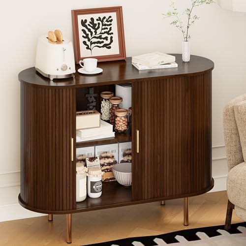 DHH Sideboard Buffet Cabinet with Storage,Mid Century Modern Fluted Accent Coffee Bar Console Table,Tambour Sliding Doors& Adjustable Shelf for Kitchen, Living Room, Entryway(Walnut, 40Inch) - Image 6