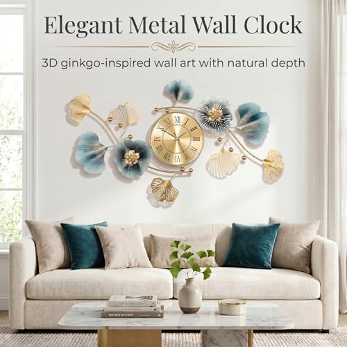 36" 3D Ginkgo Leaf Metal Wall Clock for Home Wall Decor - Image 2