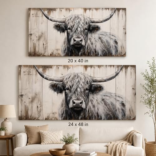 Large Highland Cow Canvas Wall Art, Black and White Cow Picture, 24x48 Inch - Image 4