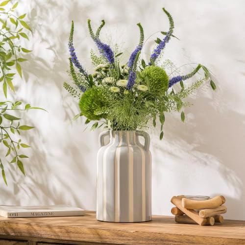 SURE YUESI Grey Ceramic Vase with Handles, Modern Farmhouse Striped Decorative Vase, 9.1" Art Deco Tall Flower Vases for Pampas Grass, Shelf Decor, Dining Table Centerpiece, Living Room Home Decor - Image 4