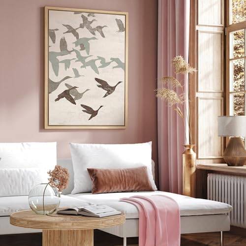 NWT Framed Canvas Print Wall Art Geese Flock in Neutral Tones Illustrations Modern Art Decorative Landscape Rustic Zen Colorful for Living Room, Bedroom, Office - 24"x36" Natural - Image 4