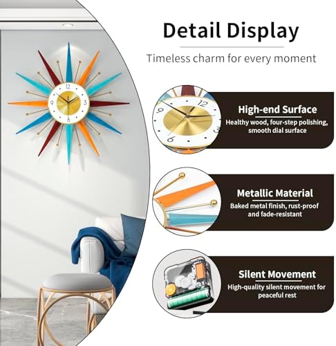 Large Starburst Wall Clock for Living Room Decor 24 Inch Metal Decorative Mid Century Wall Clcok Big Modern Silent Quality Quartz Clock Battery Operated Non Ticking for Kitchen Office Bedroom - Image 6