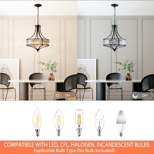 Crystal Chandeliers for Dining Room, Round Rustic Farmhouse Chandelier, Metal Shade, 4-Light Modern Chandelier for Hallway, Bedroom, Foyer Black - Image 3