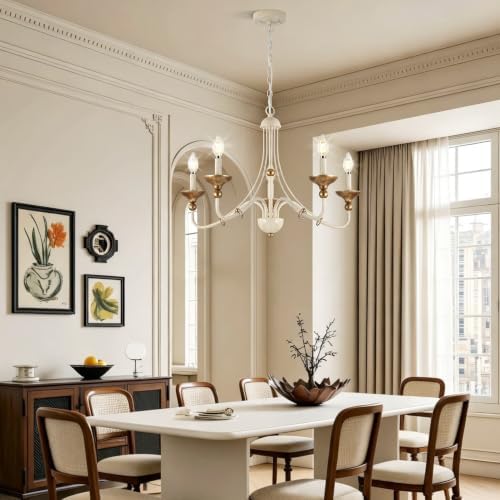 Sigaitwei 5‑Light French Country Candle Chandelier, Distressed Off‑White with Antique‑Gold Accents, Pendant Hanging Light Fixture for Dining Room, Foyer, Bedroom, E12 Base - Image 2