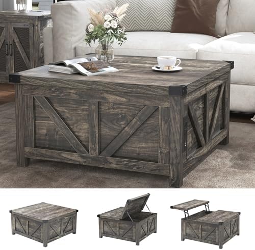 jimeimen Farmhouse Lift Top Coffee Table with Storage, Wood Square Center Table with Charging Station&USB Port, Living Room Table w/Large Hidden Space, for Living Room, Bedroom, Home Office, Dark Grey - Image 5