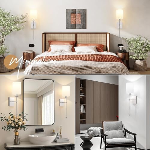 24 Inch Battery Operated Wall Sconces Set of 2 with Remote, Brushed Nickel Rechargeable Wireless Wall Lights with White Fabric Shade, Cordless Wall Lamps with Dimmable Detachable Bulbs for Bedroom - Image 2