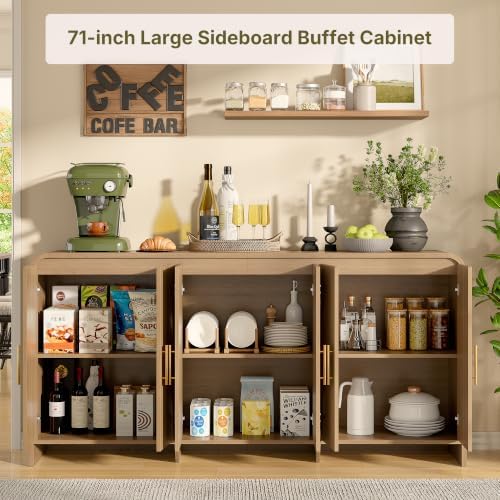 71" Modern Sideboard Buffet Cabinet with Large Storage & 6 Doors, Light Oak - Image 6
