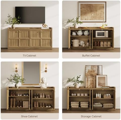 SICOTAS 61.7" Buffet Cabinet 4-Door Sideboard Kitchen Living Room Brown Oak - Image 5