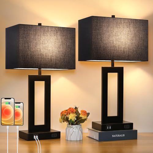 TOBUSA 22" Black Modern Table Lamp Set of 2 with 2 USB Ports&AC Outlet by TOBUSA