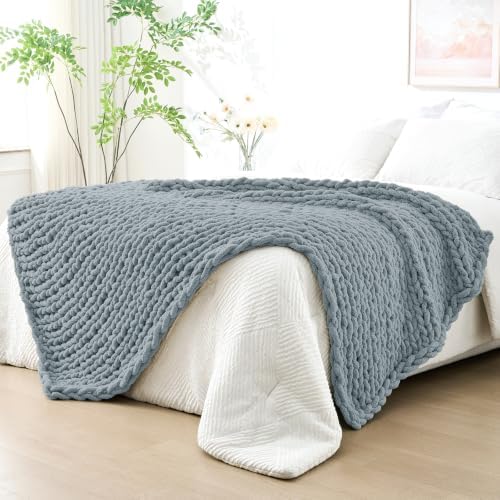 Bigacogo Chunky Knit Throw Blanket for Couch, 51x63 inches, Dusty Blue by Bigacogo