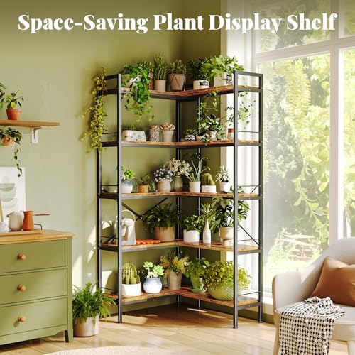 Huuger 5 Tier Bookshelf, L Shaped Corner Bookshelf with 10 Open Shelves, 49.4 Inch Straight Wide Bookcase with Metal Frame and Wooden Board, Adjustable Feet, Rustic Brown - Image 3