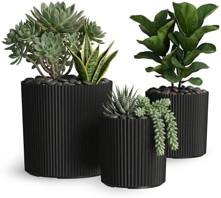 Mayne Haven Round Fluted Modern Planter Set, Black, 3-Pack by Mayne