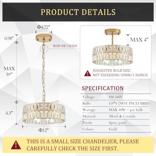 CATINER Gold Crystal Chandelier 12" 4-Light Modern Ceiling Pendant Light - Image 2
