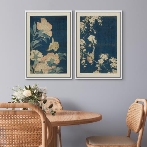 SIGNWIN Framed Canvas Print Wall Art Set Vintage Japanese Floral and Bird Illustrations Modern Art Rustic Ultra for Living Room, Bedroom, Office - 24"x36"x2 WHITE - Image 3