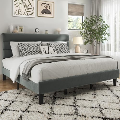 Fluest King Size Bed Frame, Platform Bed Frame with Velvet Upholstered Headboard, No Box Spring Needed, Sturdy Metal Support, Noise Free, Easy Assembly, Grey - Image 3