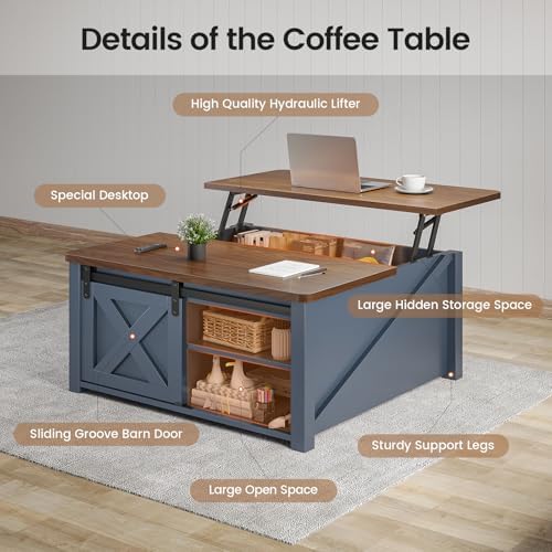 SEDETA 31.5" Lift Top Coffee Table with Storage, Square Coffee Tables for Living Room, Farmhouse Coffee Table with Large Hidden Storage Compartment and Adjustable Shelves, Blue - Image 3