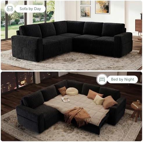 HONBAY Modular Sectional Sleeper Sofa with Pull Out Bed,Corduroy L Shaped Couch with Storage, Sectional Couches for Living Room,Black - Image 4
