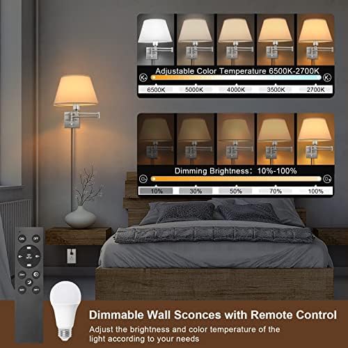 TRLIFE Dimmable Wall Sconce with Remote Control, Adjustable Color Temperature 2700K-6500K and Dimming 10-100% Swing Arm Wall Lights with Plug in Cord, 11.8" Large White Fabric Shade(2 Pack, 2 Bulbs) - Image 2