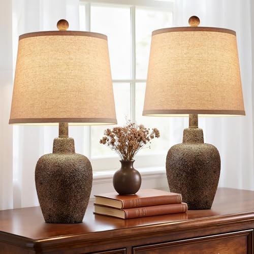 21" Table Lamps for Bedroom Set of 2 Small Farmhouse Bedside Lamps for Living Room Rustic Cottage Jar-Shaped Lamp for Nightstand Retro Brown Finish,Bulbs Not Included ﻿ by HUITICO