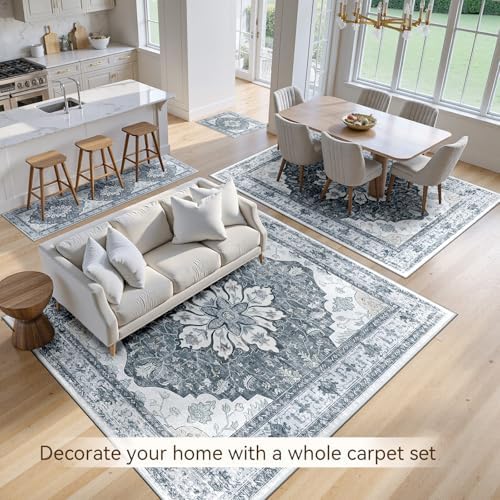 RELEANY Washable Area Rug, Runner 2'x8', Grey/White/Beige - Image 4