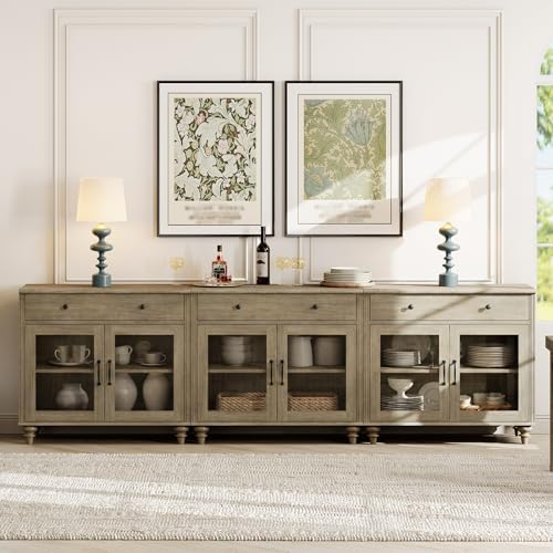 WAMPAT Sideboard Buffet Cabinets with 6 Glass Doors, Large Kitchen Storage Cabinets, Wooden Coffee Bar Tables with Vintage Gourd Leg, Sideboard Credenza Table for Dining Room, Living Room, Wash Grey - Image 5
