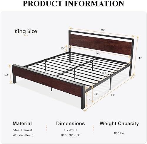SHA CERLIN 14 Inch King Size Metal Platform Bed Frame with Wooden Headboard and Footboard, Mattress Foundation, No Box Spring Needed, Large Under Bed Storage, Mahogany - Image 2