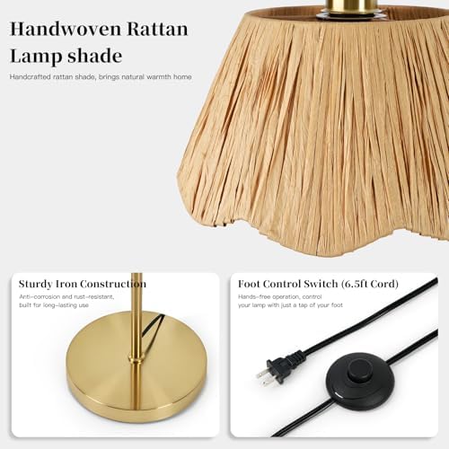 Cinyirong 62.5" Rattan Arc Floor Lamp with 3 Color Temperatures, Boho Hand Woven Shade Standing Floor Lamp, Gold Metal Base Foot Switch Farmhouse Tall Corner Reading Lamp for Living Room Bedroom - Image 7