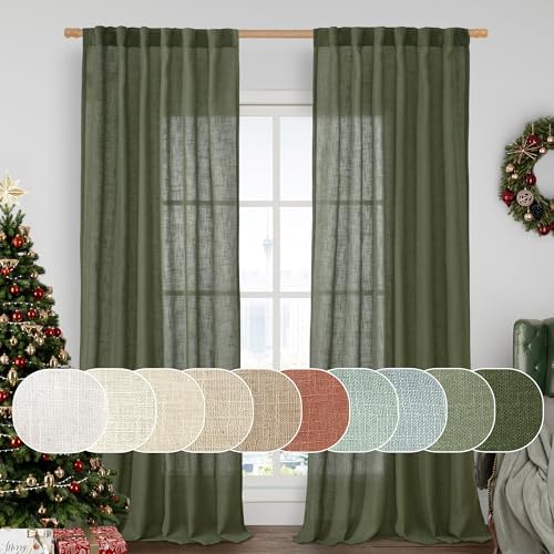 LAMIT Linen Semi Sheer Curtains 96 inches Long 2 Panels Set, Olive Green by LAMIT