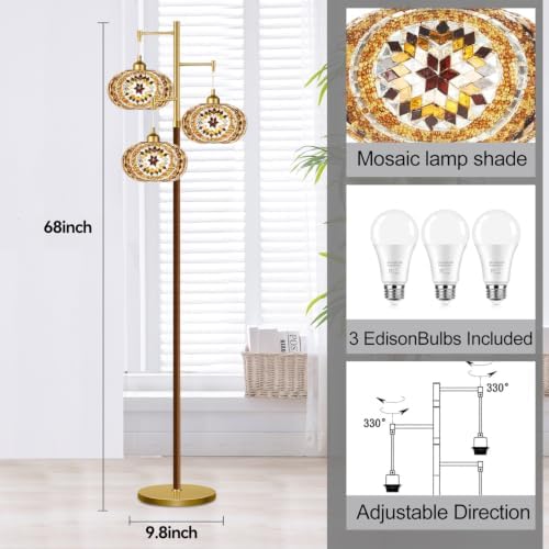 QIYIZM Moroccan Mosaic Floor Lamp for Living Room,Bedroom,Turkish Standing Lamp Stained Glass Lamps Gold Mid Century Tall Lamps Unique Tree 3 Light Vintage Retro Wood Floor Lights Boho Tiffany Style - Image 4