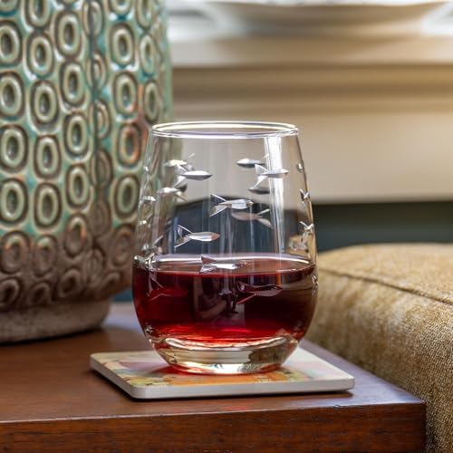 Rolf Glass School of Fish Clear Stemless Wine Glass | Set of 2 Stemless Glasses | 15oz Glass Tumblers | Engraved Lead-Free Coastal Glassware | Made in the USA - Image 4