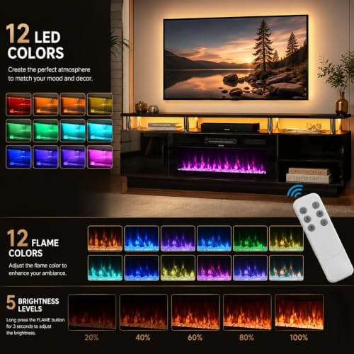 70" TV Stand for Living Room, Modern Entertainment Center & Media Console, Fits TVs up to 80", Storage Cabinet with Shelves, 36" Electric Fireplace with LED Flame (All Black) - Image 3