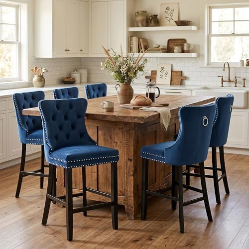 SoarFlash Modern Velvet Upholstered Bar Stools Set of 6 with Wood Legs, Button Tufted,Chrome Nailhead, Counterstool Seat, Armless Bar Chairs (Blue) by SoarFlash