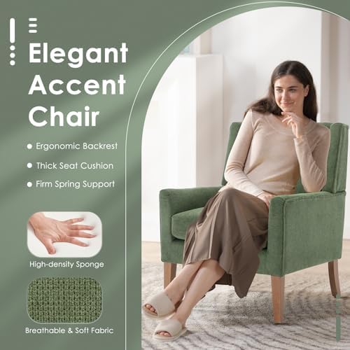 COLAMY Modern Wingback Living Room Chair Set of 2, Upholstered Fabric Accent Armchair, Single Sofa Chair with Lounge Seat and Wood Legs for Bedroom/Office/Reading Spaces, Green - Image 4