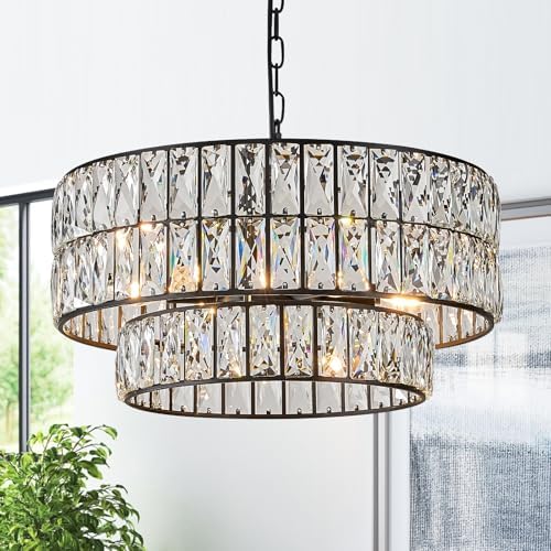 CATINER Black Crystal Chandelier 20" 6-Light Modern Semi Flush Pendant by CATINER