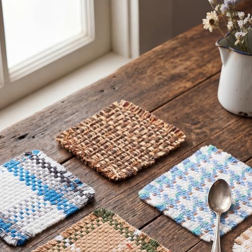 Set of 10 Fabric Drink Coasters, Handcrafted Cotton Woven Coasters for Table, Coastal Farmhouse Table Decor for Coffee Tea Cocktails, Absorbent Soft Desk Coasters for Kitchen Office, Housewarming Gift - Image 5