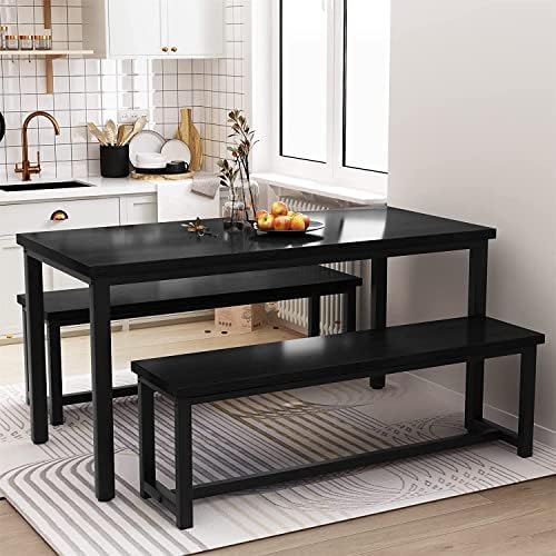 Dining Room Table Set with 2 Benches, Farmhouse Dining Table Set for 4-6, Wood Breakfast Table Set Dinner Table Set Kitchen Table and Chairs for Breakfast Nook Small Spaces, Black by LinkRomat