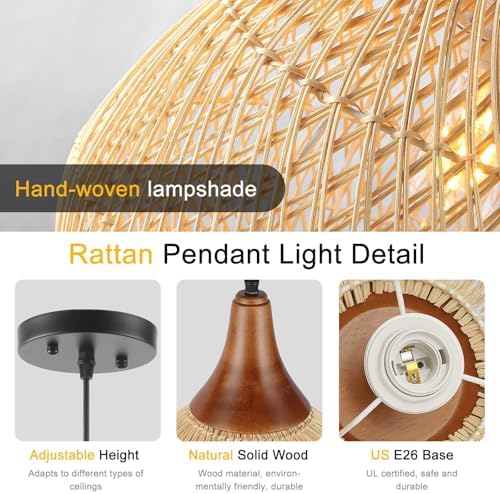 Rattan Pendant Light, 15.7" Rattan Chandelier Hand-Woven Boho Pendant Light Fixtures with Solid Wood, Basket Wicker Chandelier for Dining Room Kitchen Island Living Room - Image 2