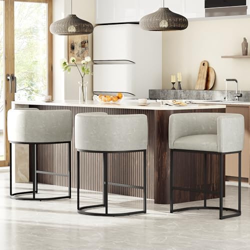 26" H Counter Height Bar Stools Set of 3, Modern Barrel Counter Stools with Backrest and Arms, Faux Leather Upholstered Accent Barstools for Kitchen Island,Support 450 LBS (Grayish White) by VATROS