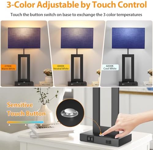 3 Color Temperatures Table Lamps for Bedrooms Set of 2, 22’’ Touch Control Bedside Nightstand Lamps with 2 USB Ports & AC Outlet, Stepless Dimmable Lamps with Blue Shade, Modern Decor for Living Room - Image 2
