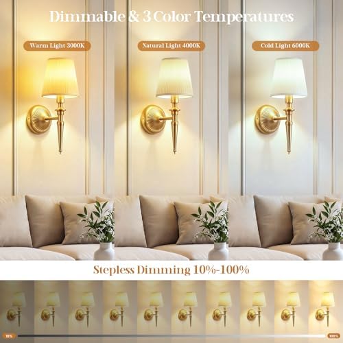 Battery Operated Wall Sconces Set of 2, Wireless Rechargeable Wall Lights with 12 RGB Colors and 3CCT Dimmable, Small Fabric LED Wall Lamps for Bedroom, Living Room, Hallway, Gold - Image 4