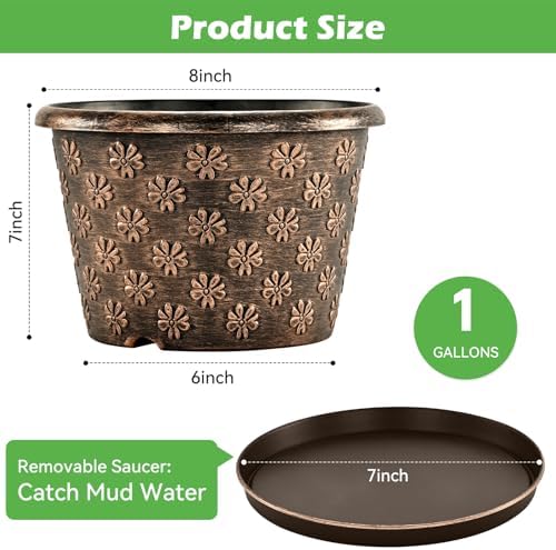 8 Inch Planter Pots for Plants, Plastic Flower Pots Indoor Outdoor, 5 Pack Resin Plant Pot with Drainage & Saucer, Retro Decorative Garden Pot with Removable Trays for House - Image 3
