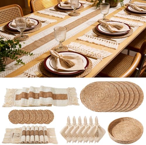 32 Pcs Boho Placemats Table Setting Set (6 Sets),Hand-Woven Natural Water Hyacinth Mats,Cloth Napkins,Napkin Rings,Linen Runner,Storage Basket&Coasters,Boho Kitchen Decor Dining Table Decor by Swiscena