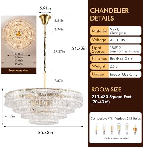 35in Large Chandelier Gold, Modern Dining Room Light Fixtures, 4 Layer Luxury Glass Chandelier 18 Light Chandeliers for Dining Room Kitchen Island Living Room (Clear Glass) - Image 5