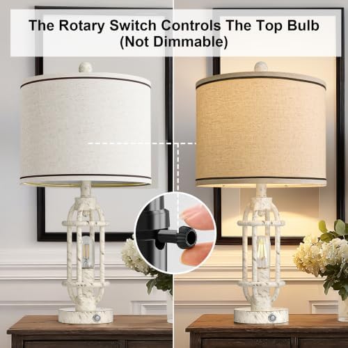 G-SAFAVA 23.75'' Table Lamps Set of 2 for Living Room Bedroom Industrial Farmhouse Metal Touch Lamps with USB A+C Ports, Night Light Vintage Nightstand Bedside Lamp, Bulbs Included, White - Image 6