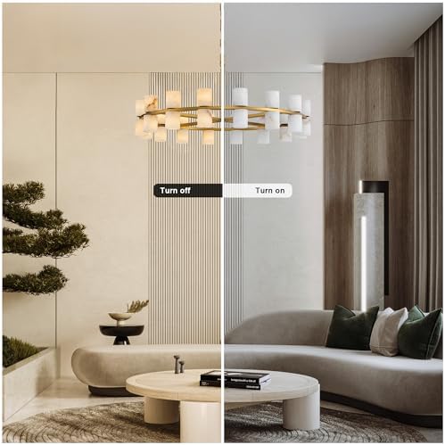 Alabaster Round Chandelier, Natural Spanish Stone Texture Chandeliers, D31in Round Chandeliers for Dining Room Chandelier Light Fixture for Kitchen Living Room Foyer Entryway Hallway (Brass) - Image 4